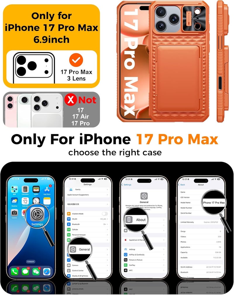 BSNRM for iPhone 17 Pro Max Case Wallet, Built-in RFID Blocking Card Holder (4-5 Cards), Camera Control Button, Slide Camera Cover, Shockproof Rugged Silicone Phone Case for iPhone 17 Pro Max, Orange - Image 2